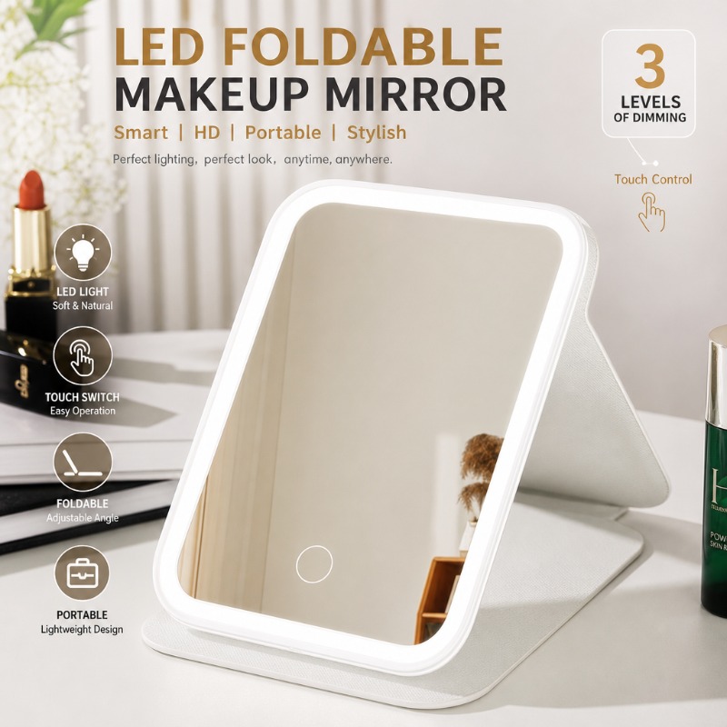 Beauty Makeup Hd - Miroir de maquillage LED pliable, 3